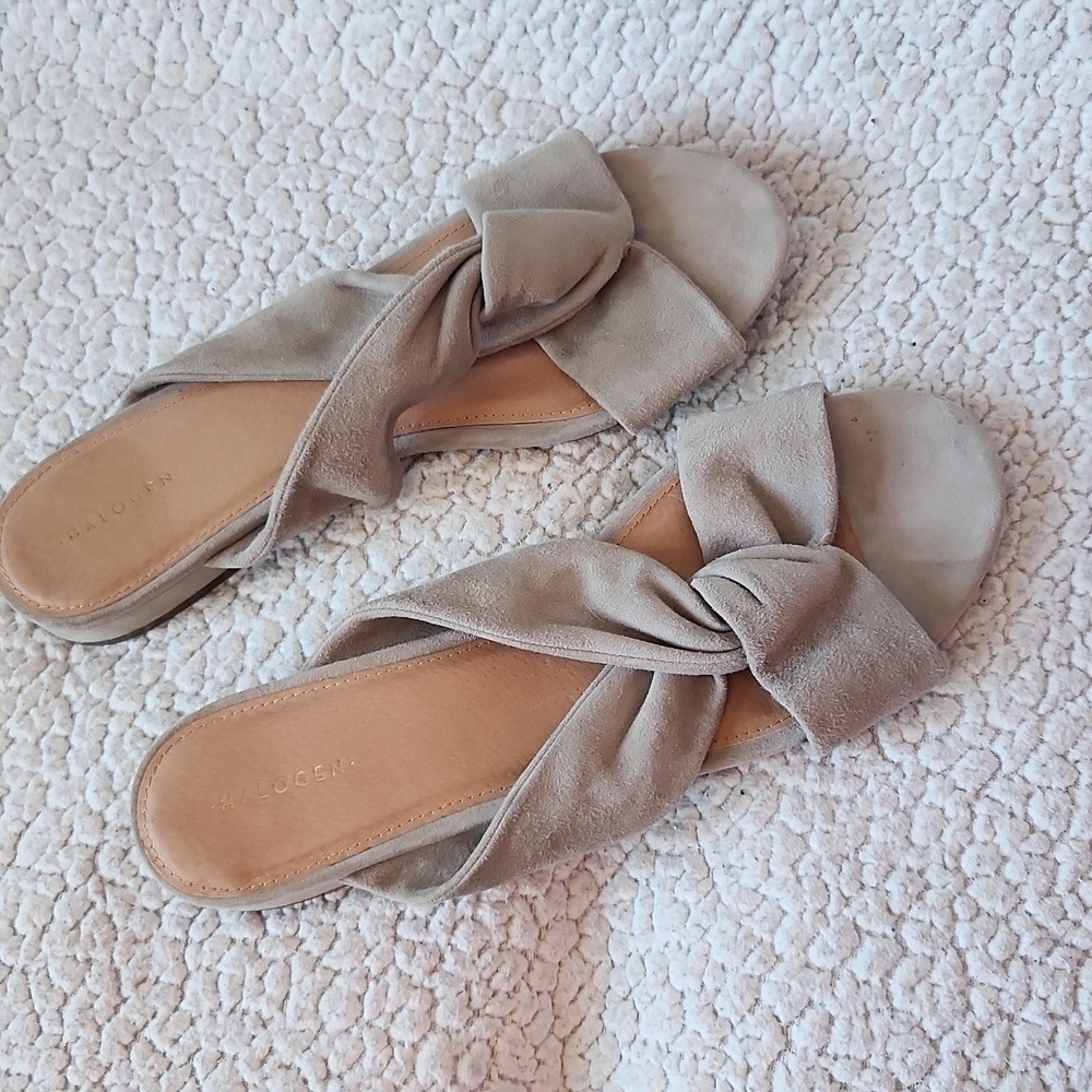 Halogen Geuine Suede Leather Strapy Twist Tie Peep Toe Slide Sandals
